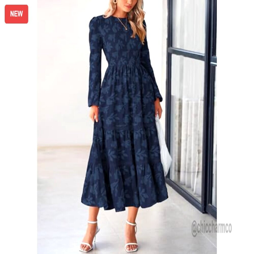 Long Sleeve Smocked Midi Dress, Floral Boho, Flowy Wedding Guest Dress - Picture 3 of 7